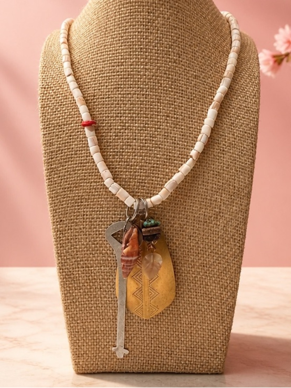 Vintage White shell Brass Shield Beaded Charm Pendant Necklace